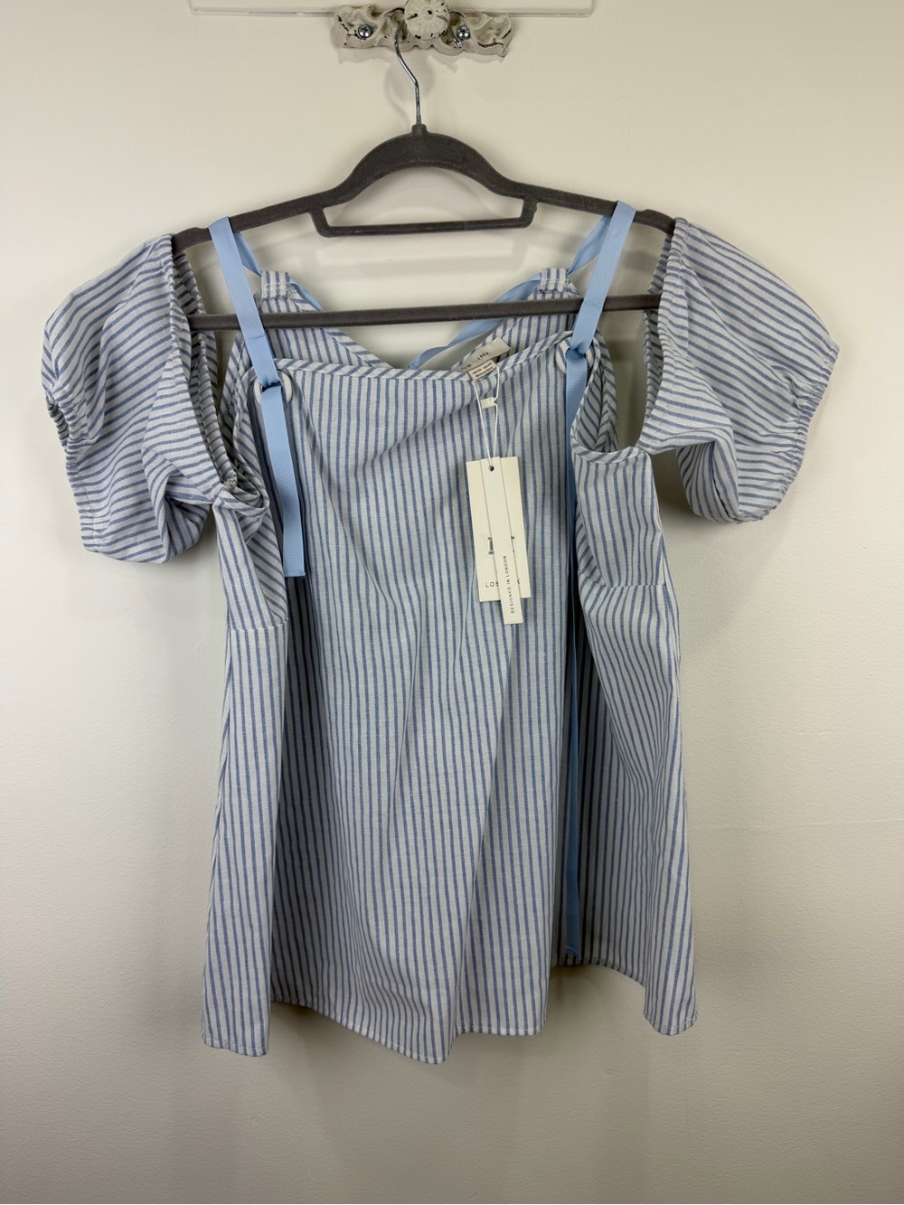Lost Ink Blue & White Stripe Puff Sleeve Bow Tie Babydoll Top NWT 2X